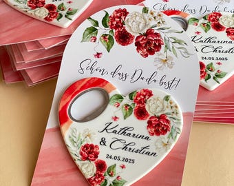 Abridor de botellas magnético con forma de corazón floral de peonía / Recuerdo de boda