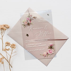 Floral Rose Acryl Hochzeitseinladung, Peony Pink Blush Design Bild 2