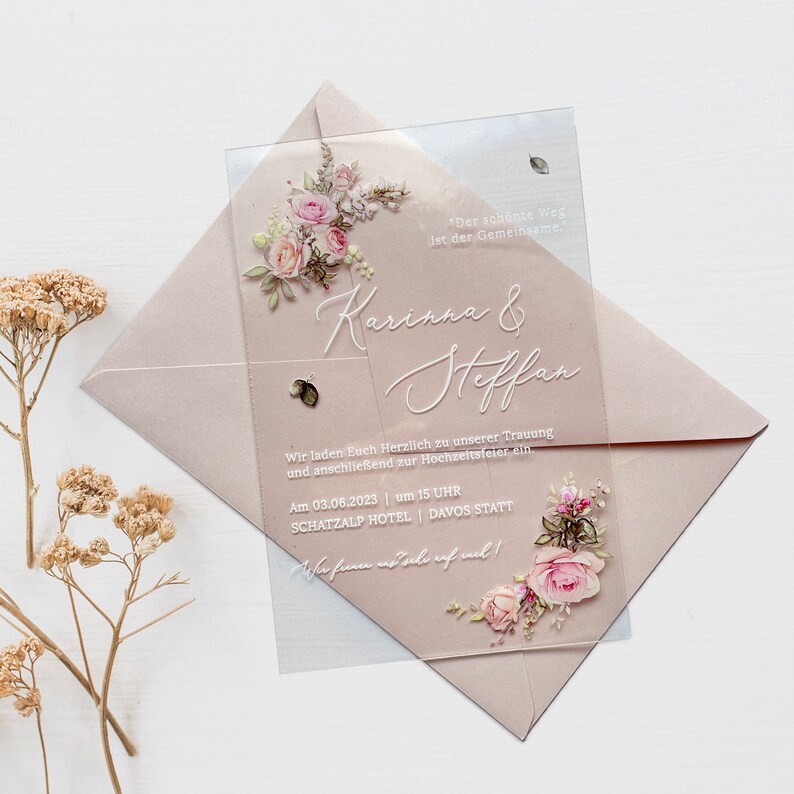 Floral Rose Acryl Hochzeitseinladung, Peony Pink Blush Design Bild 2