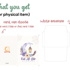 May include: A white envelope with a card inside. The card has a watercolor design of a crescent moon with a lantern hanging from it. The text on the card reads "Eid Al-fitr Mubarak".