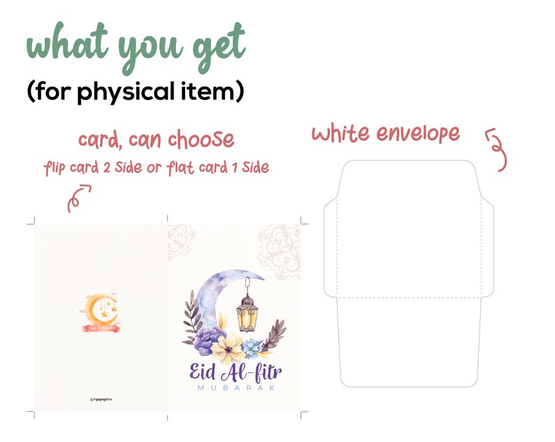 May include: A white envelope with a card inside. The card has a watercolor design of a crescent moon with a lantern hanging from it. The text on the card reads "Eid Al-fitr Mubarak".