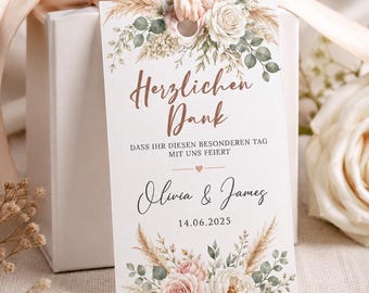 Etiquetas personalizadas para recuerdos de boda, etiquetas personalizadas de agradecimiento para regalos, etiquetas florales bohemias para bodas, etiquetas impresas para recuerdos de invitados con nombres y fecha.