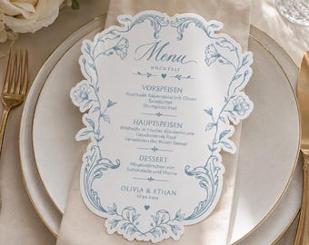 Menú de boda, tarjeta de menú floral azul empolvado, decoración de mesa de boda barroca