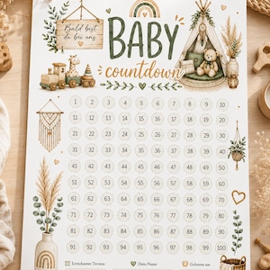 Poster per il conto alla rovescia della gravidanza con adesivi / Calendario del conto alla rovescia per la gravidanza / Regalo per baby shower / Decorazioni per la cameretta in stile boho / Monitoraggio dei 100 giorni di gravidanza