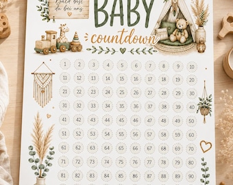 Póster de cuenta regresiva para el bebé con pegatinas / Calendario de cuenta regresiva para el embarazo / Regalo para baby shower / Decoración bohemia para la habitación del bebé / Rastreador de embarazo de 100 días