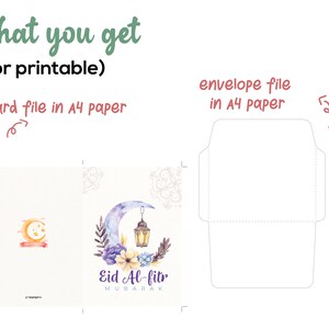 May include: Printable Eid Al-Fitr card and envelope template. The card features a crescent moon with a lantern and floral design. The text "Eid Al-Fitr Mubarak" is written in a decorative font.