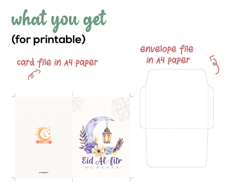 May include: Printable Eid Al-Fitr card and envelope template. The card features a crescent moon with a lantern and floral design. The text "Eid Al-Fitr Mubarak" is written in a decorative font.