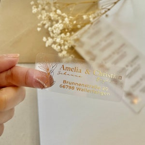 Adreslabels met bladeren, retouradresstickers, transparante / witte adreslabels, foliestickers, retouretiketten uitnodiging, zakelijk label