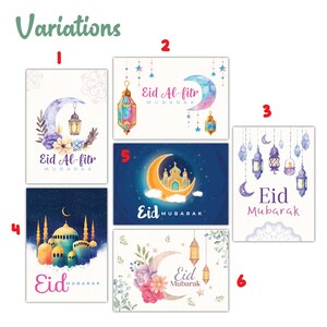 May include: Six different variations of Eid Mubarak greeting cards. Each card features a crescent moon, stars, and traditional Islamic designs in watercolor style. The cards include text that says "Eid Mubarak" and "Eid Al-Fitr Mubarak".