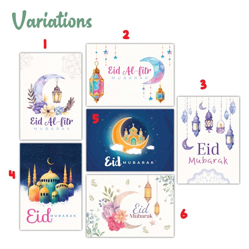 May include: Six different variations of Eid Mubarak greeting cards. Each card features a crescent moon, stars, and traditional Islamic designs in watercolor style. The cards include text that says "Eid Mubarak" and "Eid Al-Fitr Mubarak".
