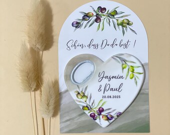 Imán de boda con forma de corazón, abrebotellas, diseño de oliva