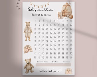 Póster de cuenta regresiva para el bebé: regalo para embarazadas / regalo para baby shower / decoración bohemia para la habitación del bebé / seguimiento del embarazo de 100 días