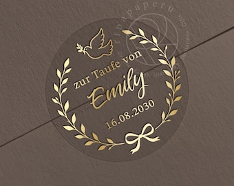 Etiqueta personalizada para bautizo / Etiqueta transparente para obsequios de bautizo / Sello dorado transparente personalizado para regalos y sobres de bautizo