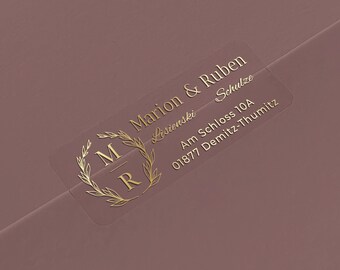 Etiquetas de dirección personalizadas con acabado metalizado: pegatinas doradas personalizadas con la dirección del remitente para sobres e invitaciones.
