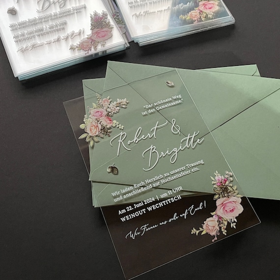 Floral Rose Acrylic Wedding Invitation, Peony Pink Blush Design