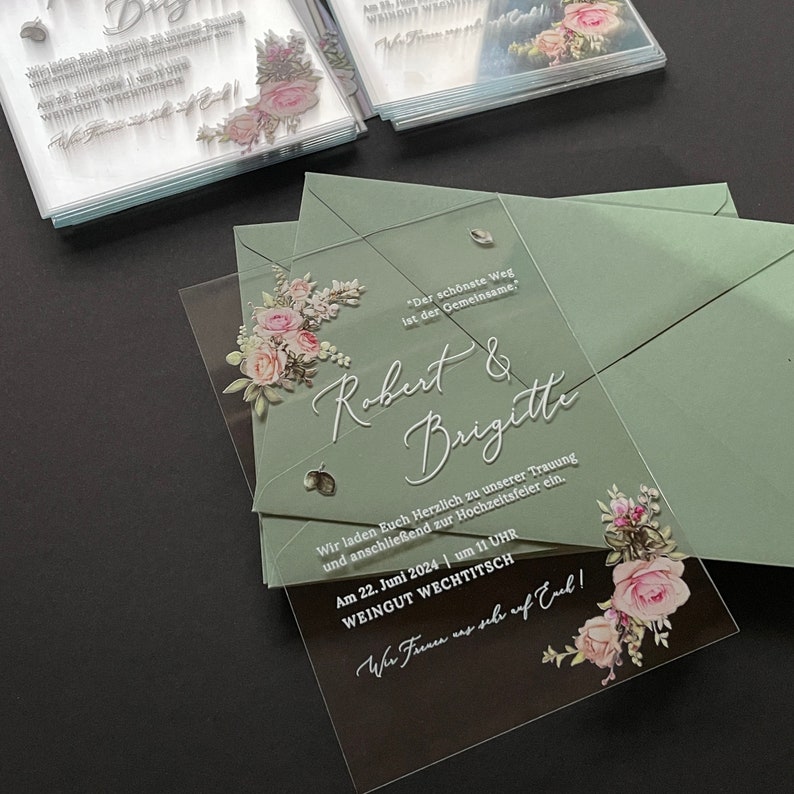 Floral Rose Acryl Hochzeitseinladung, Peony Pink Blush Design Bild 1