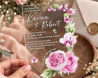 Floral Rose Acrylic Wedding Invitation, Pink Blush Design