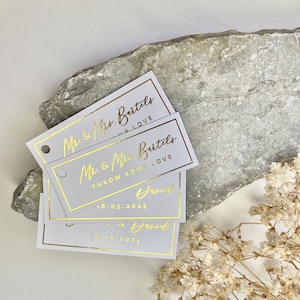 Elegante tags voor trouwbedankjes en cadeauzakjes, foliekleuropties, gepersonaliseerde bedankkaartjes, taupe