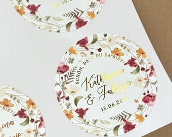 Pegatinas personalizadas con estampado floral y lámina dorada: Recuerdos florales de agradecimiento
