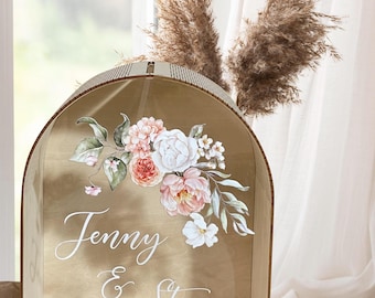 Caja de tarjetas de boda personalizada: caja de regalo de dinero de acrílico y madera con diseño floral