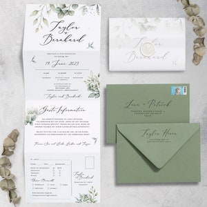 Invitación de boda Greenery Concertina, invitaciones de boda botánicas de eucalipto