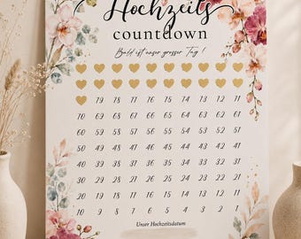 Wedding Countdown Poster A3, German Hochzeit Countdown, 100 Days Until Wedding, Floral Bridal Shower Gift, Gold Heart Stickers