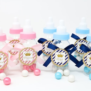 12 PCS Decorated Royal Princess/Prince Baby Shower Bottle Party Favors- Bow With Sticker Diecut (gumball not included)