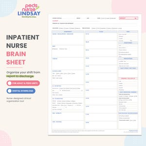 May include: A white inpatient nurse brain sheet with black text and lines. The document includes sections for patient initials, room, age, weight in kg, allergies, and primary diagnosis. It features columns for assessment, to-do lists, and pain monitoring.