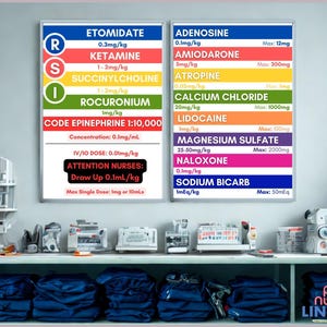 Póster de medicamentos de emergencia pediátrica PALS / Tabla de dosificación basada en el peso / Referencia de medicamentos para código y RSI / Plantilla editable de Canva
