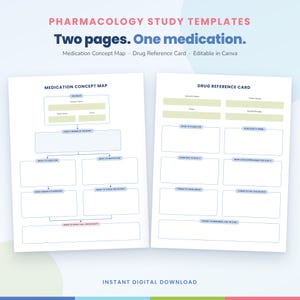 May include: Pharmacology study templates featuring two pages: a medication concept map and a drug reference card. The documents include labeled sections for generic and trade names, drug class, dosage, and clinical notes, all editable in Canva.