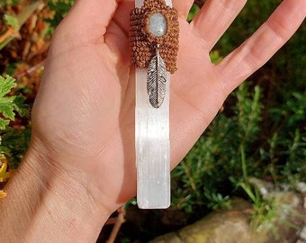 Selenite and Moonstone Macrame Crystal Pendant and Necklace