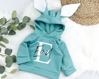 VOODULU® organic bunny hoodie ears, petrol sweat personalized birthday cuddly hood for girls gift birth Easter baptism