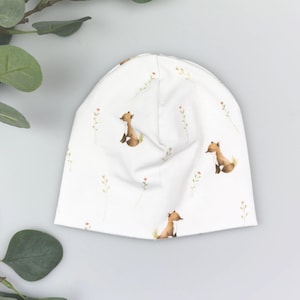 Beanie Hat Baby – Foxes and Flowers – handmade jersey hat for girls & boys