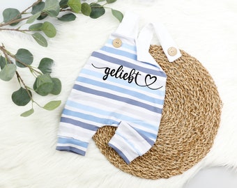 VOODULU®  Latzhose"Blümi"  Romper Baby blau/weiß Stripes, Holzknöpfe,  Geschenk, Geburt, Taufe, Junge, Mädchen, personalisiert, Newborn