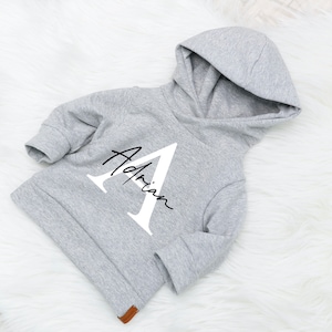 VOODULU® LIMITERT Kuschel Hoodie grau melange mit Namen Sweatshirt für Mädchen und Jungs Geschenk personalisiert Geburt Taufe Feiertag Bild 1