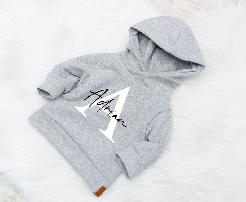 VOODULU® LIMITERT Kuschel Hoodie grau melange mit Namen Sweatshirt für Mädchen und Jungs Geschenk personalisiert Geburt Taufe Feiertag Bild 1