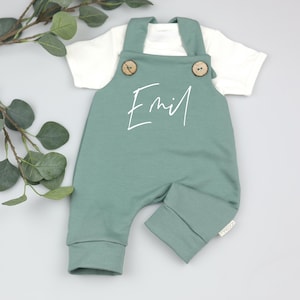 Baby dungarees with name – Romper for newborns – Sustainable & handmade – Dusty mint with wooden buttons – special gift idea Baby