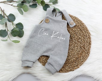 VOODULU® Dungarees "Blümi" - Romper - Baby - Gray Structure - Wooden Buttons - Gift - Birth - Baptism - Personalized - Dungarees - Newborn