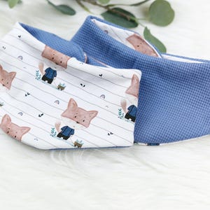VOODULU® - pañuelo - pañuelo reversible - bufanda triangular - 0-18 meses - personalizado - azul - zorro - toalla de bebé - cierre a presión