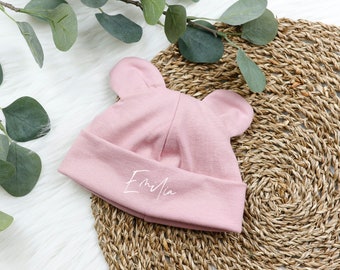 VOODULU® Teddy Mütze, Hipster Mütze, Kindermütze, Babymütze, personalisiert mit Namen alt rosa mit Ohren Ohren Geschenk Taufe Geburtstag