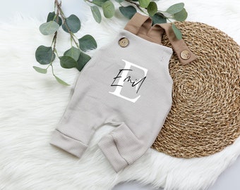 VOODULU® Dungarees "Blümi" - Romper Baby brown-beige-white- knitted - wooden buttons gift birth baptism boy girl personalized dungarees