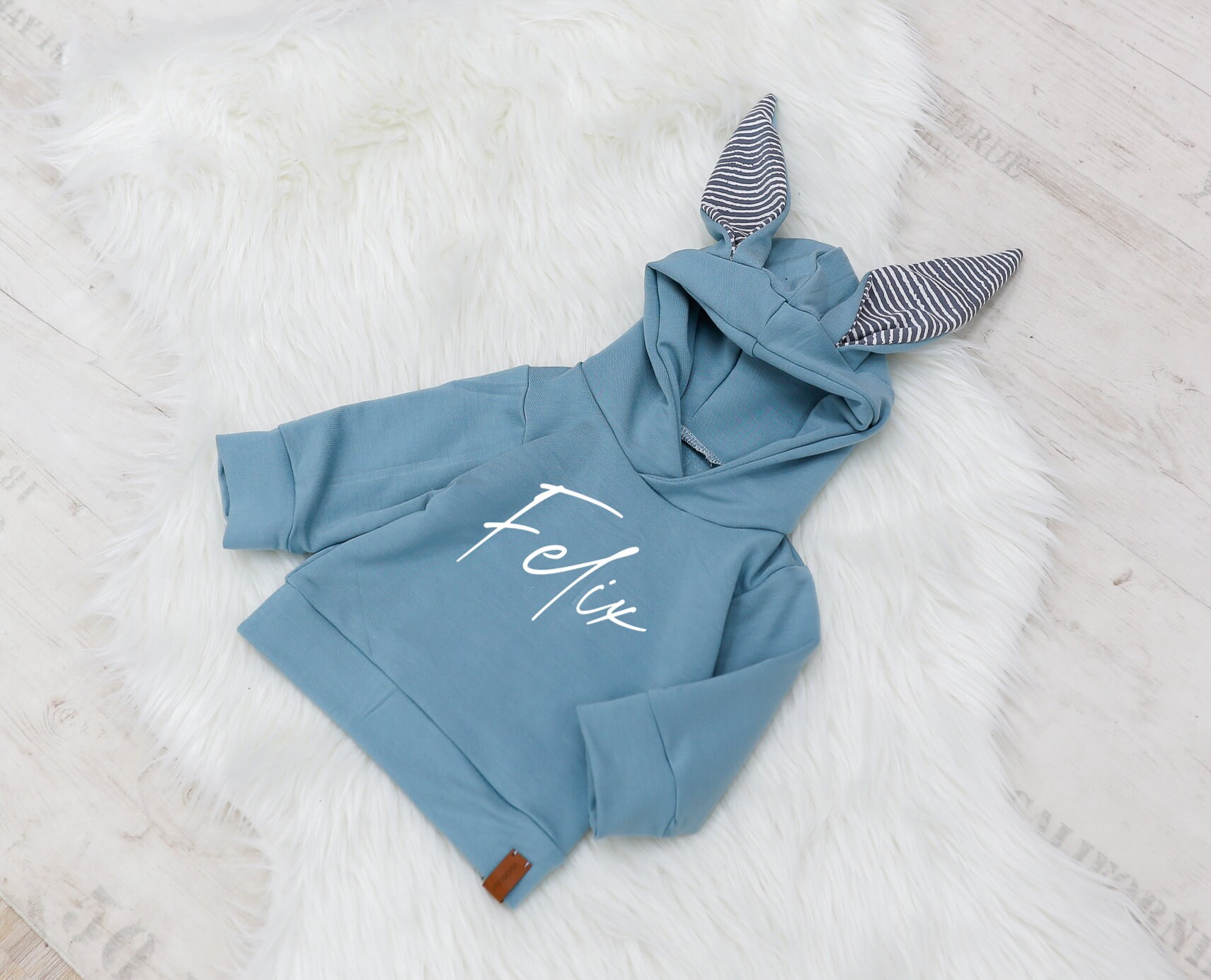 VOODULU® Rabbit Hoodie with Ears, Petrol Smoke Blue Sweat Personalize…