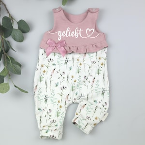 Girls handmade romper - personalized with name with flowers - girls baby outfit - dungarees for girls