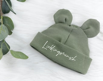 VOODULU® teddy hat, hipster hat, children's hat, baby hat, personalized with name green olive with ears