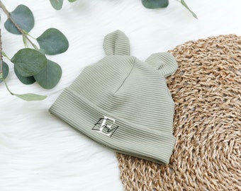 VOODULU® cappello per bambini, cappello per bambini, cappello hipster, orecchie da orsacchiotto, verde salvia personalizzato con nome regalo nascita battesimo Natale