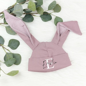 Hasenmütze - Kindermütze - Babymütze - Beanie Mütze - mauve - Streifen - personalisiert - Spruch - Name - Geschenk - Geburt - Taufe  Ostern