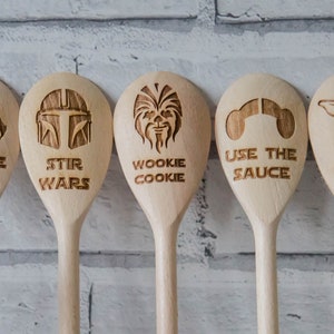 Star Wars Gift Wooden Spoons Engraved Mandalorian Chewbacca Darth Vader Grogu Princess Leah