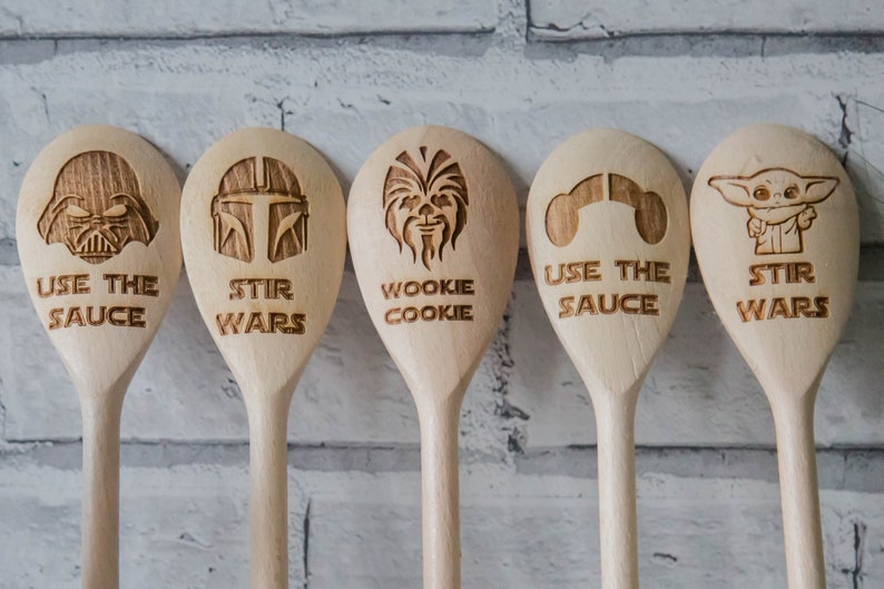 Star Wars Gift Wooden Spoons Engraved Mandalorian Chewbacca Darth Vader Grogu Princess Leah image 1