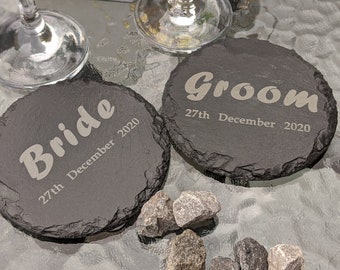 Bride & groom slate table coasters