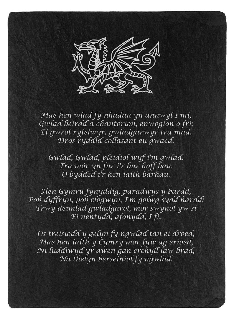Wales slate plaque with welsh national anthem dragon detail